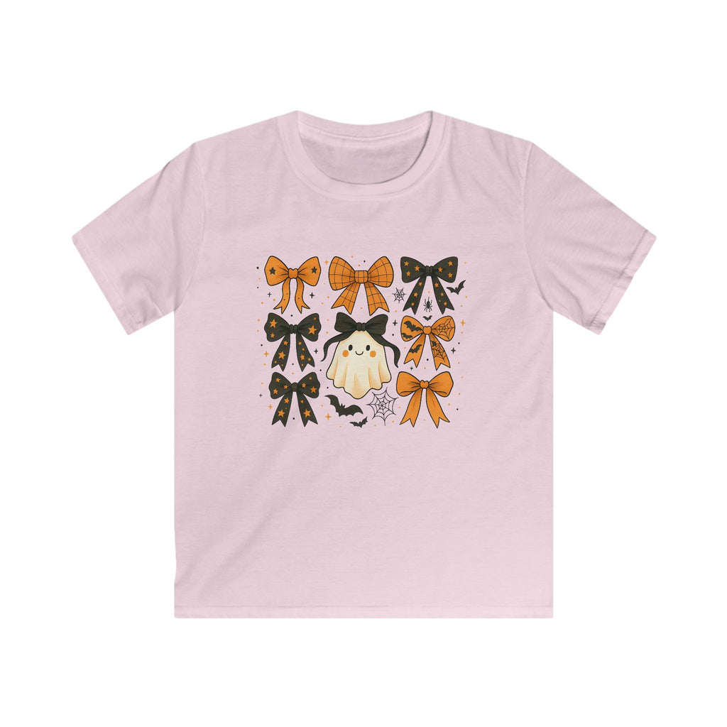 Kids Halloween Ghost Bow Tee — Cute Orange & Black Bow Pattern T-Shirt for Children