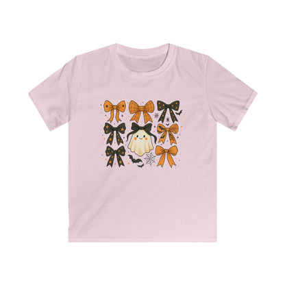 Kids Halloween Ghost Bow Tee — Cute Orange & Black Bow Pattern T-Shirt for Children