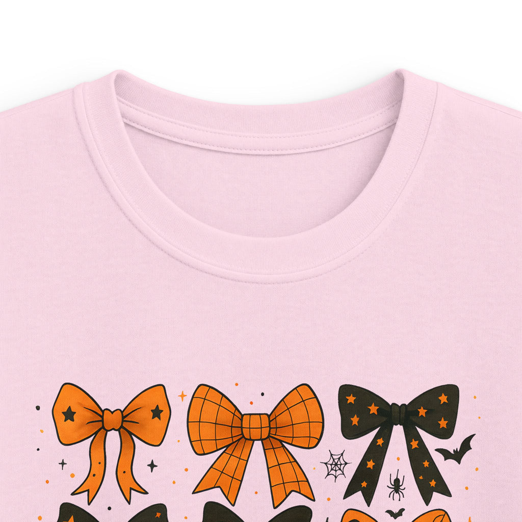 Kids Halloween Ghost Bow Tee — Cute Orange & Black Bow Pattern T-Shirt for Children