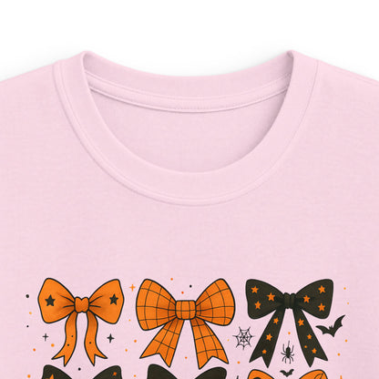 Kids Halloween Ghost Bow Tee — Cute Orange & Black Bow Pattern T-Shirt for Children